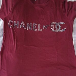 Chanel Burgundy T-Shirt with Rhinestone Logo